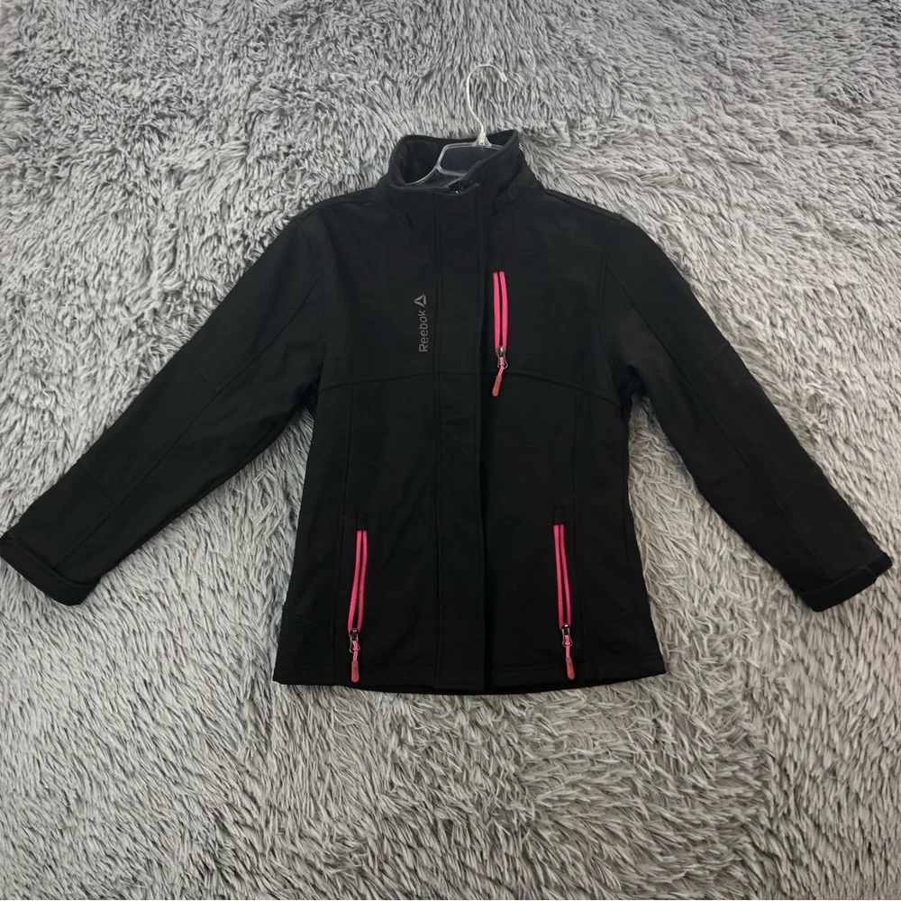 Reebok Jacket Girls Medium Black Pink Rain Resistant Pockets Fleece Lined
